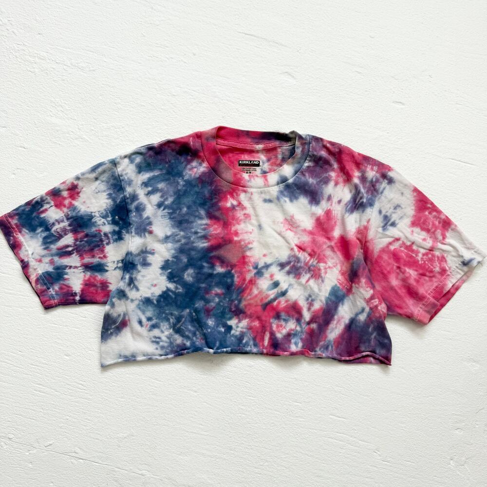 Upcycled Kirkland Tie Dye Crop T-Shirt Blue Red White, Size Medium